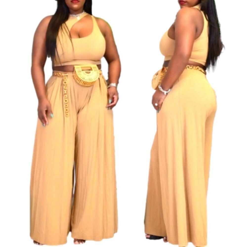 Womens' Plus Size Cross Neck One Shoulder Crop Top & Wide leg pants sz 1X